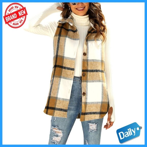Jackets & Blazers - Flannel Plaid Vest Sleeveless Button Down Shirt Jacket with Pockets